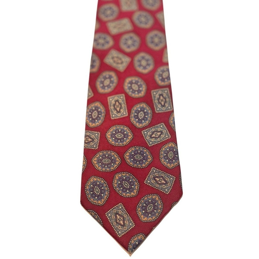 Pierre Balmain Silk Tie Red Geometric Medallion Business Office Professional Vtg